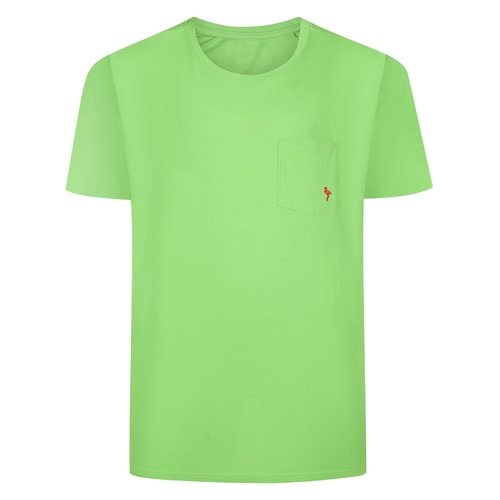 Lime green T-shirt front view with chest pocket and logo.